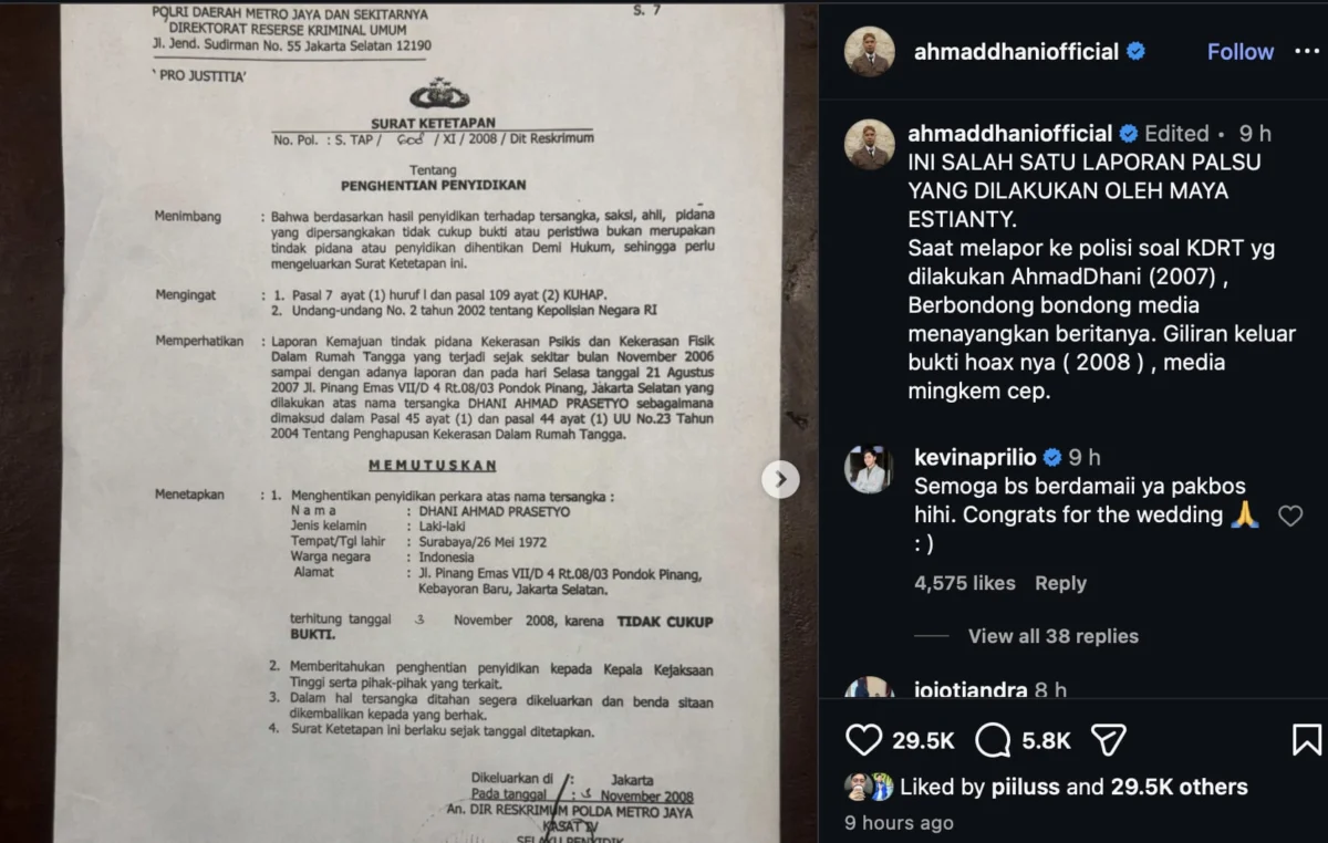 Instagram Aktif Lagi Ahmad Dhani Langsung Unggah Bukti Laporan KDRT Palsu Buat Serang Maia Estianty